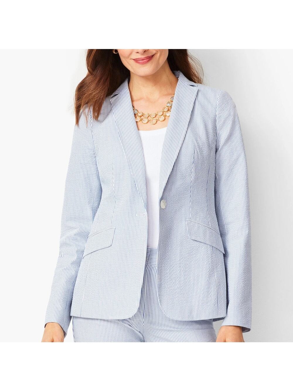 Talbots NWT Blue White Stripe Seersucker Lightweight One Button Blazer Jacket